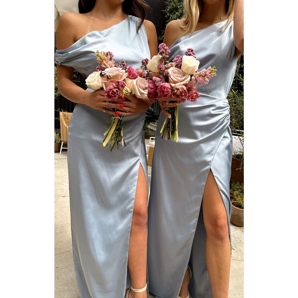 Show Me Your Mumu Jodie Maxi Dress in Steel Blue Luxe Satin XXL